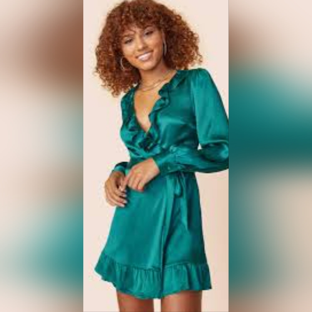 Franceca's Mi Ami Satin Ruffled  Wrap Belted Cocktail Mini Dress